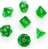 TRANSPARENT POLYHEDRAL GREEN/WHITE 7/SET CUBE (Special Order)