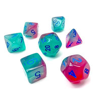 Dice: 7 pc: Gemini: Gel Green-Pink / Blue Luminary (EN) (Special Order)