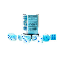 Dice: 12x D6: 16 mm: Gemini: Pearl Turquoise-White / Blue Luminary (EN) (Special Order)