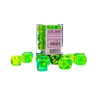 Dice: 12x D6: 16 mm: Gemini: Translucent Green-Teal / Yellow (EN) (Special Order)