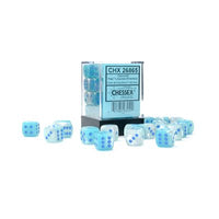 Dice: 36x D6: 12 mm: Gemini: Pearl Turquoise-White / Blue Luminary (EN) (Special Order)