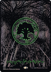 Forest (369) (Oil Slick Raised Foil) [Phyrexia: All Will Be One]