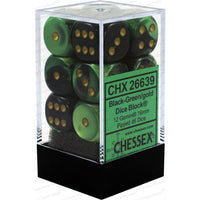 Dice: 12x D6: 16 mm: Gemini: Black-Green / Gold (EN) (Special Order)