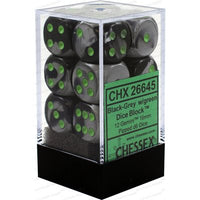 Dice: 12x D6: 16 mm: Gemini: Black-Grey / Green (EN) (Special Order)