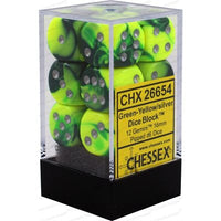 Dice: 12x D6: 16 mm: Gemini: Green-Yellow / Silver (EN) (Special Order)