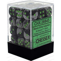 Dice: 36x D6: 12 mm: Gemini: Black-Grey / Green (EN) (Special Order)