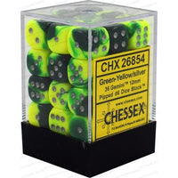 Dice: 36x D6: 12 mm: Gemini: Green-Yellow / Silver (EN) (Special Order)