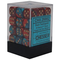 Dice: 36x D6: 12 mm: Gemini: Red-Teal / Gold (EN) (Special Order)