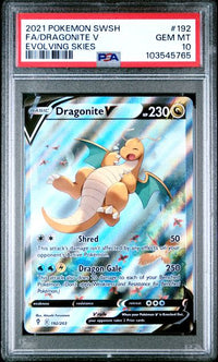 2021 POKEMON SWORD & SHIELD EVOLVING SKIES #192 FA/DRAGONITE V EVOLVING SKIES PSA 10 #103545765