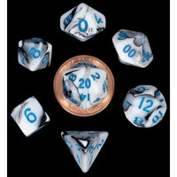 Dice: 7 pc: 10 mm: Acrylic: Mini Black / White Marble with Blue Numbers (EN) (Special Order)