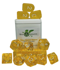SET OF 15 DICE: TRANSLUCENT YLLW/WHT NMBR ARCH'D4 (Special Order)