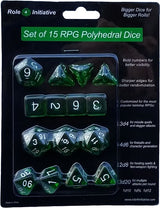 SET OF 15 DICE: TRANSLUCENT DARK GREEN W/ WHITE (Special Order)