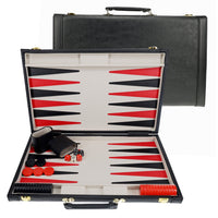 BACKGAMMON, 18" BLACK LEATHERETTE/GREY STRIPE (Special Order)