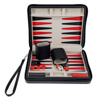 BACKGAMMON, 9" BLACK LEATHERETTE/GREY STRIPE (Special Order)