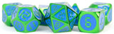 METAL 7 DICE SET GREEN W/BLUE ENAMEL 16MM (Special Order)