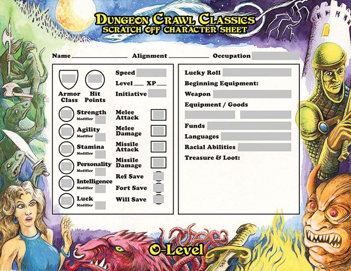DUNGEON CRAWL CLASSICS 0-LEVEL SCRATCH-OFF CHARACTER SHEETS (Pre-Order)