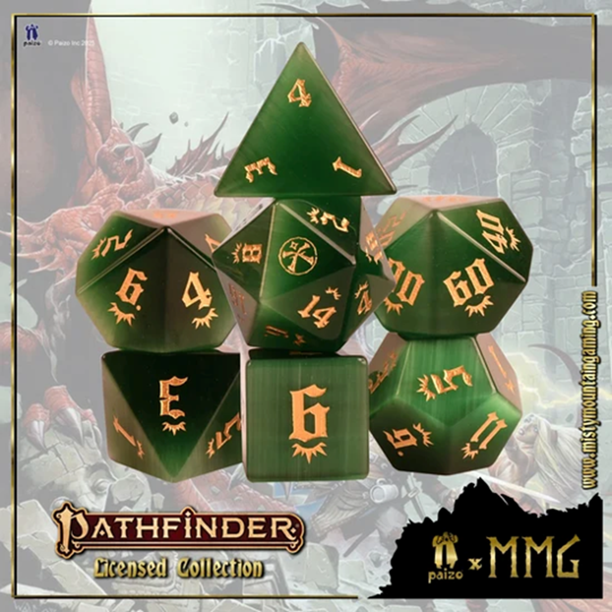 PATHFINDER GREEN CAT'S EYE STONE DICE SET (Pre-Order)