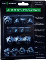 SET OF 15 DICE: TRANSLUCENT BLACK(SMOKE) W/LT BLUE (Special Order)