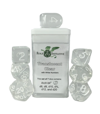 SET OF 7 DICE: TRANSLUCENT CLEAR ARCH'D4 (Special Order)