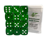 SET OF 12D6 PIPS DICE: TRANSLUCENT GRN/WHITE 18MM (Special Order)