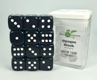 SET OF 12D6 PIPS DICE: OPAQUE BLACK/WHITE 18MM (Special Order)