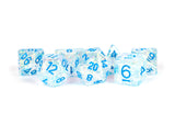RESIN 7 DICE SET FLASH CLEAR W/ LIGHT BLUE 16MM (Special Order)