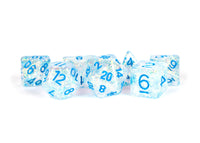 RESIN 7 DICE SET FLASH CLEAR W/ LIGHT BLUE 16MM (Special Order)