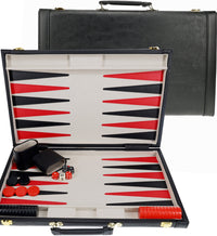 BACKGAMMON, 21" BLACK LEATHERETTE/GREY STRIPE (Special Order)