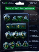 SET OF 15 DICE: TRANSLUCENT DK GREEN W/LIGHT BLUE (Special Order)