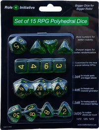 SET OF 15 DICE: TRANSLUCENT DK GREEN W/LIGHT BLUE (Special Order)