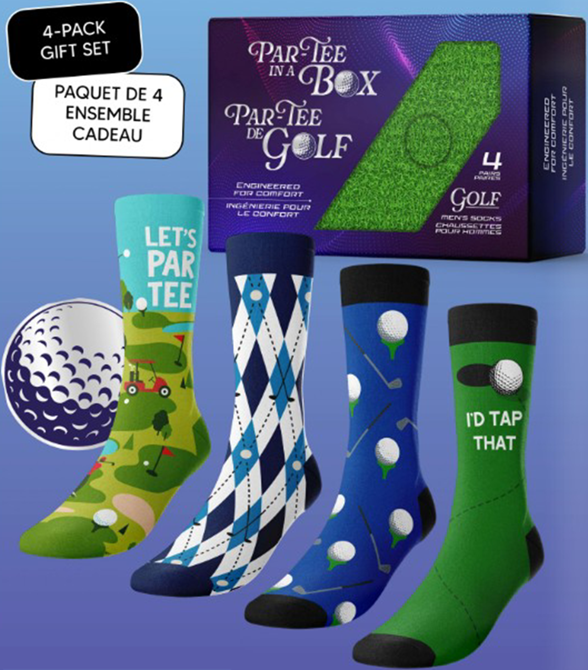 MENS 4PK PAR-TEE IN A BOX NOVELTY GOLF SOCKS 6PC (Pre-Order)