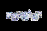 RESIN 7 DICE SET PEARL W/ PURPLE NUMBERS 16MM (Special Order)