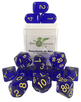 SET OF 15 DICE: TRANSLUCENT DK BLUE/YLLW NMBR ARCH (Special Order)