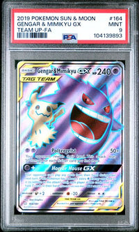 2019 POKEMON SUN & MOON TEAM UP #164 GENGAR & MIMIKYU GX TEAM UP PSA 9 #104139893